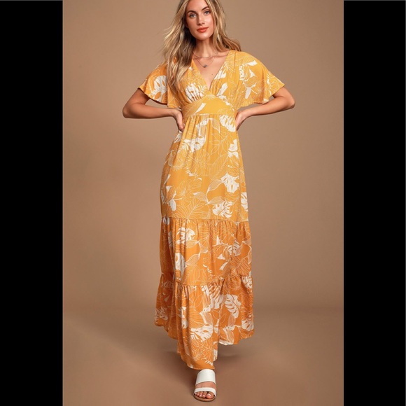 NWT Lulu’s Savanna Golden Yellow Floral Print Maxi Dress - Picture 1 of 11